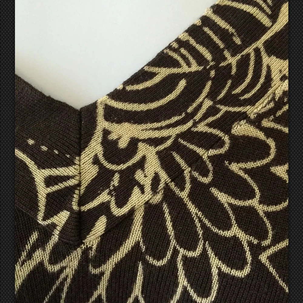 CHICOS Sweater Top V Neck Brown Gold Soft Floral Long Sleeve